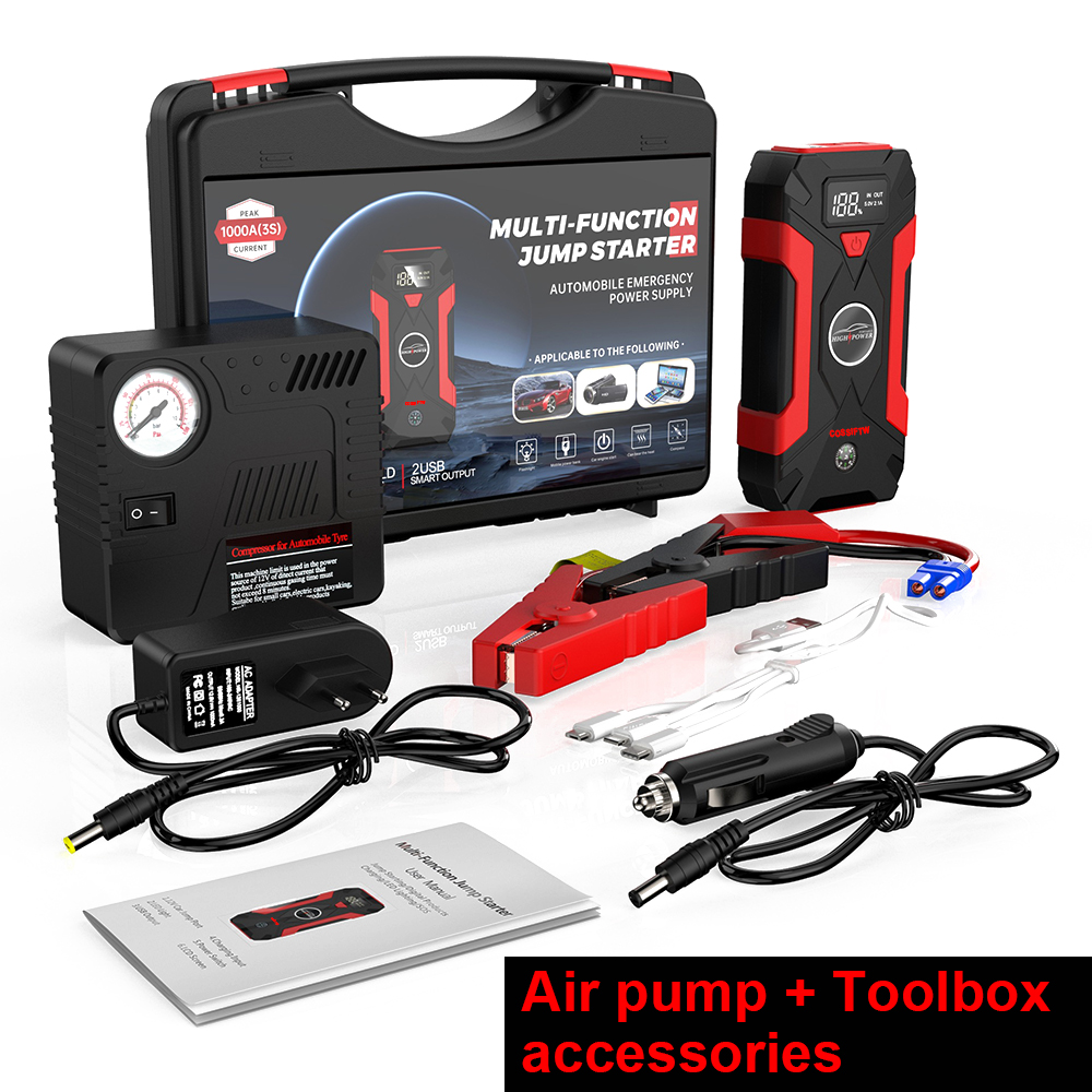 Anpassung Tragbare 12V / 1000A Batterie 29800mAh Digitalanzeige Toolbox Auto Starthilfe Energienbank mit Autoluftpumpe